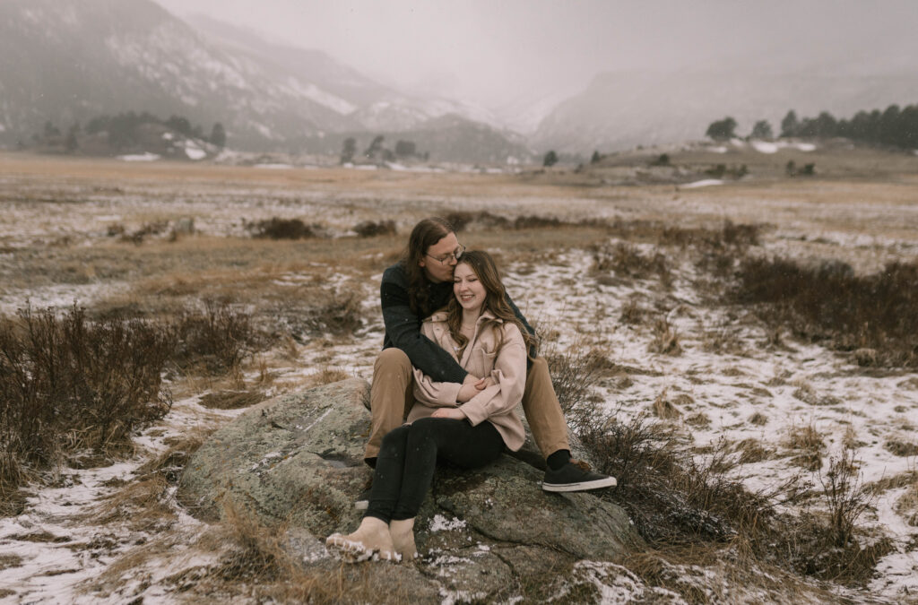 A snowy engagement session at Moraine Park in Rocky Mountain National Park. Engagement photo locations in Estes Park, Colorado. 