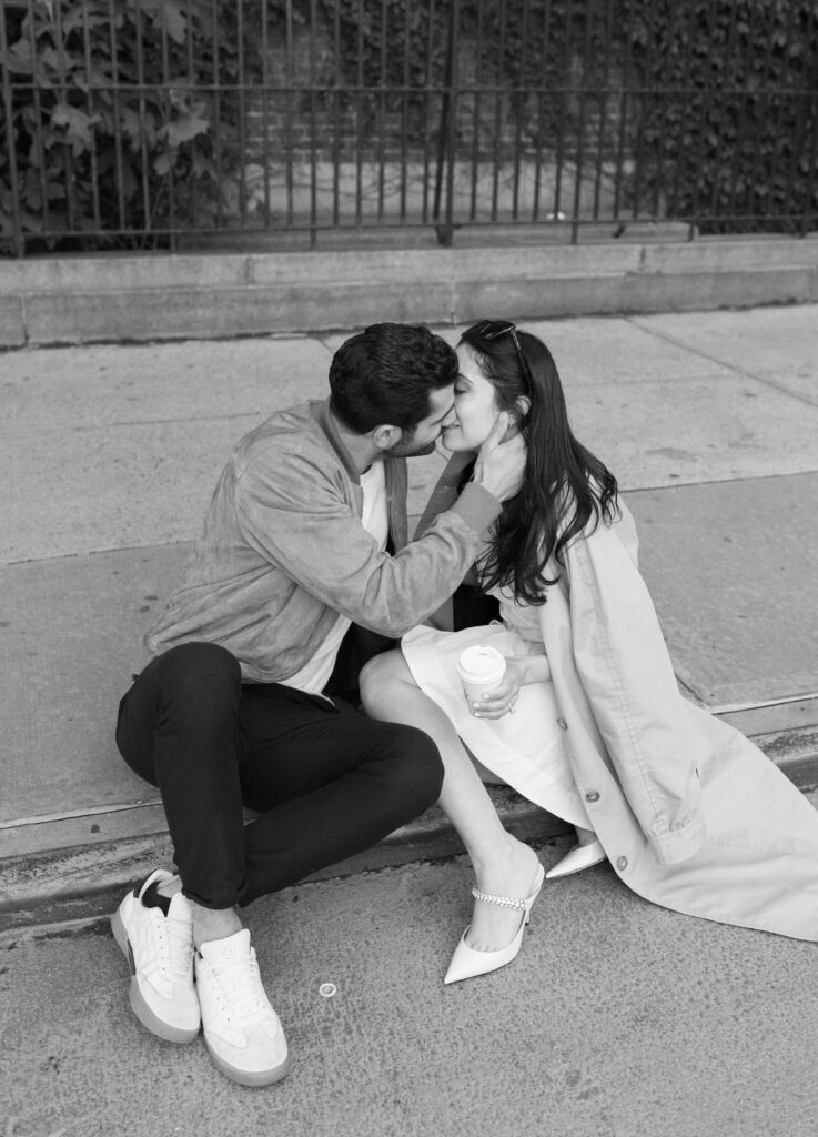 Modern and stylish couple poses on the streets of Greenwich Village in NYC. Discover documentary and fashionable New York City engagement photos. 