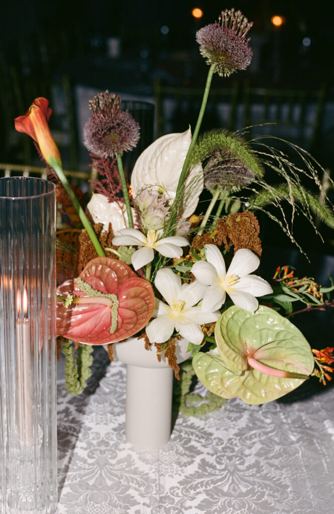 A photo of a table floral arrangement on 35mm film. Discover editorial film wedding photography in New York City.