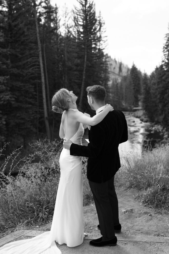 A couple together at their fall wedding in Vail. Discover luxury editorial wedding photography in Colorado and beyond.  