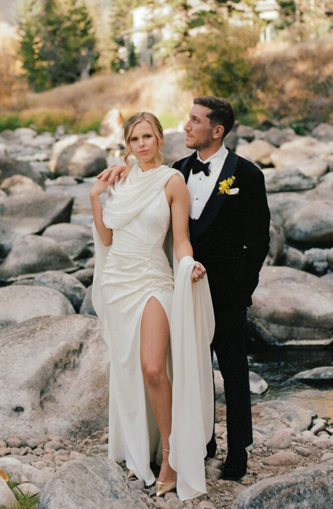 A couple poses for their wedding portrait on film. Discover luxury film wedding photography in Colorado and beyond. 